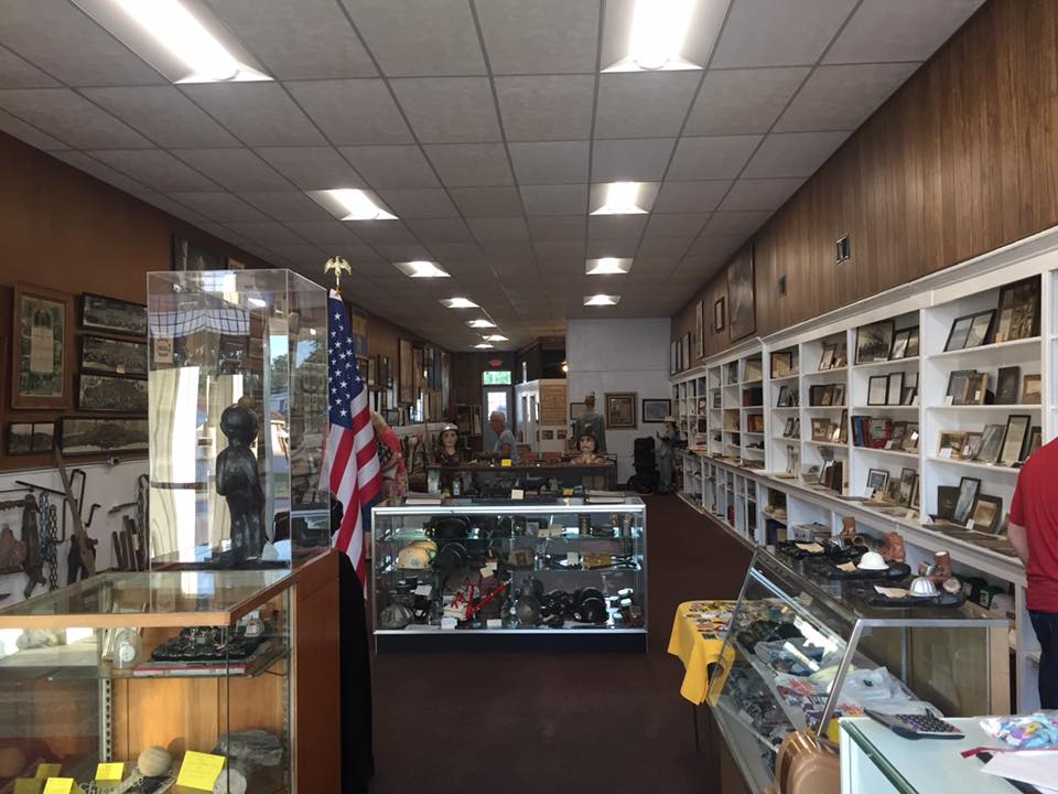 Display cases of historical memorabilia at Dugger Coal Museum/